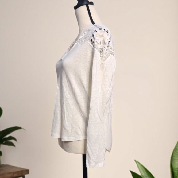 Sandro Women's Long Sleeve Lace Trim Tee - Cream - Picture 3 of 10